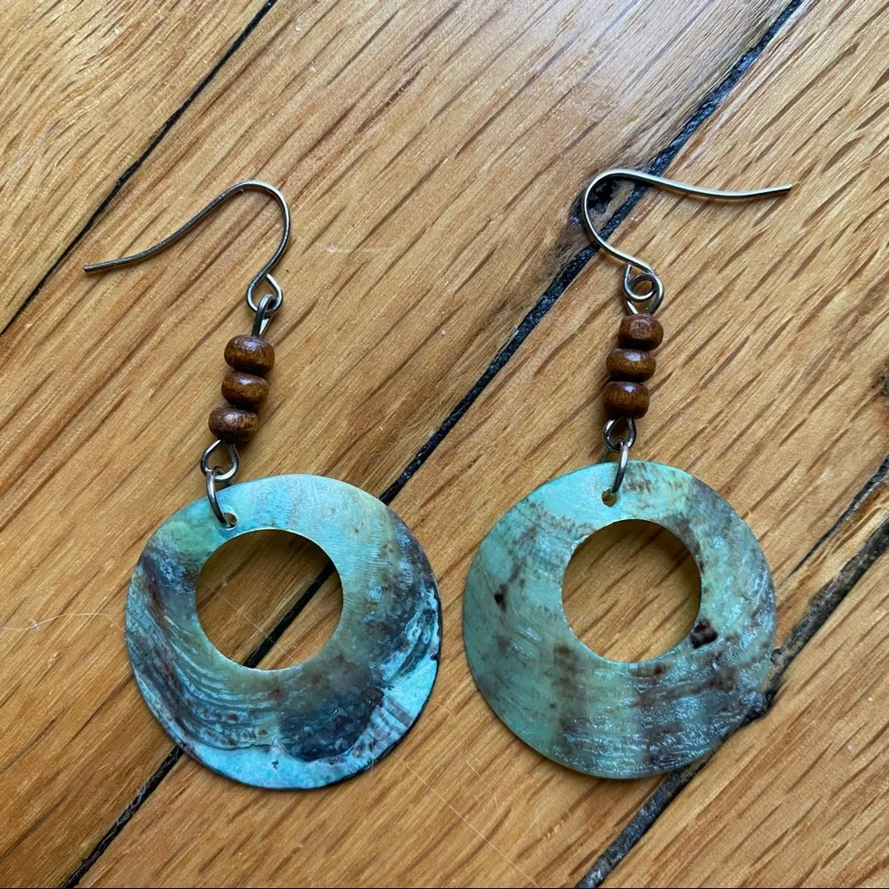 Shell and Wooden Bead Drop Earrings, Silver Hooks, Modcloth